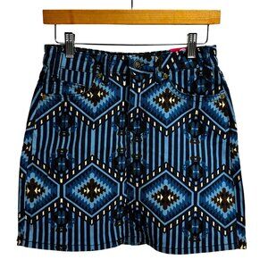 Rock & Roll Denim High Rise Skirt W 26 Blue Tribal Print Extra Stretch Advanced